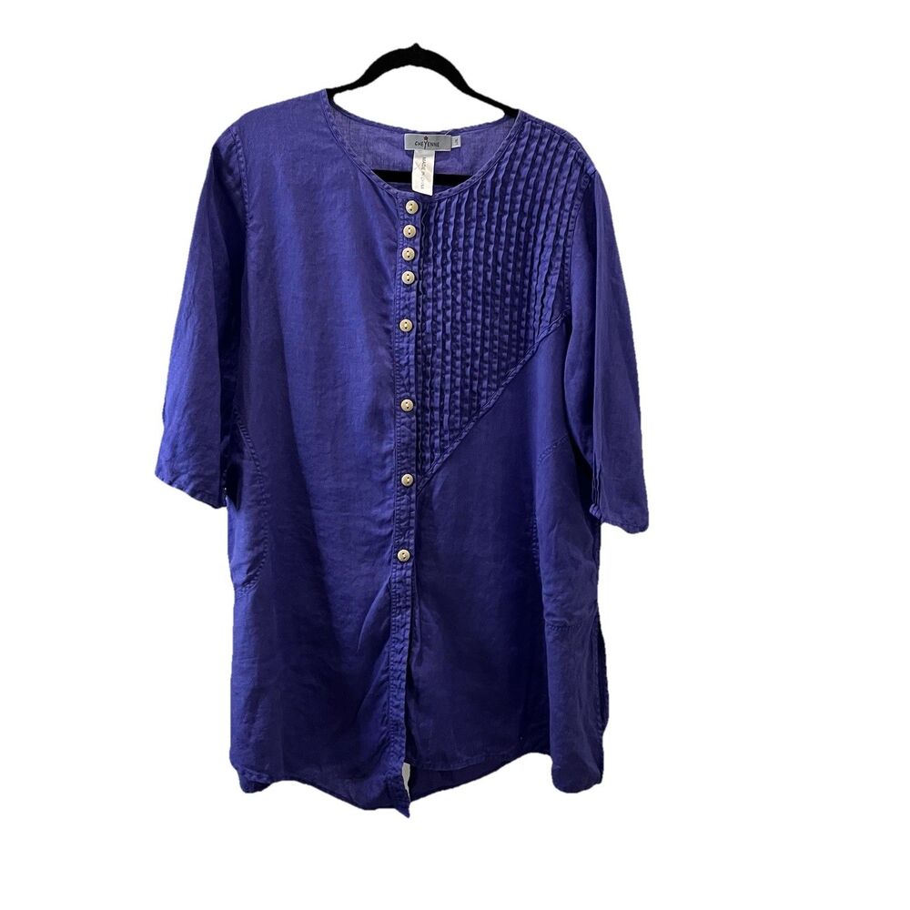 Cheyenne Women's Tunic Purple L/XL Lagenlook 100% Linen Button Up Pockets